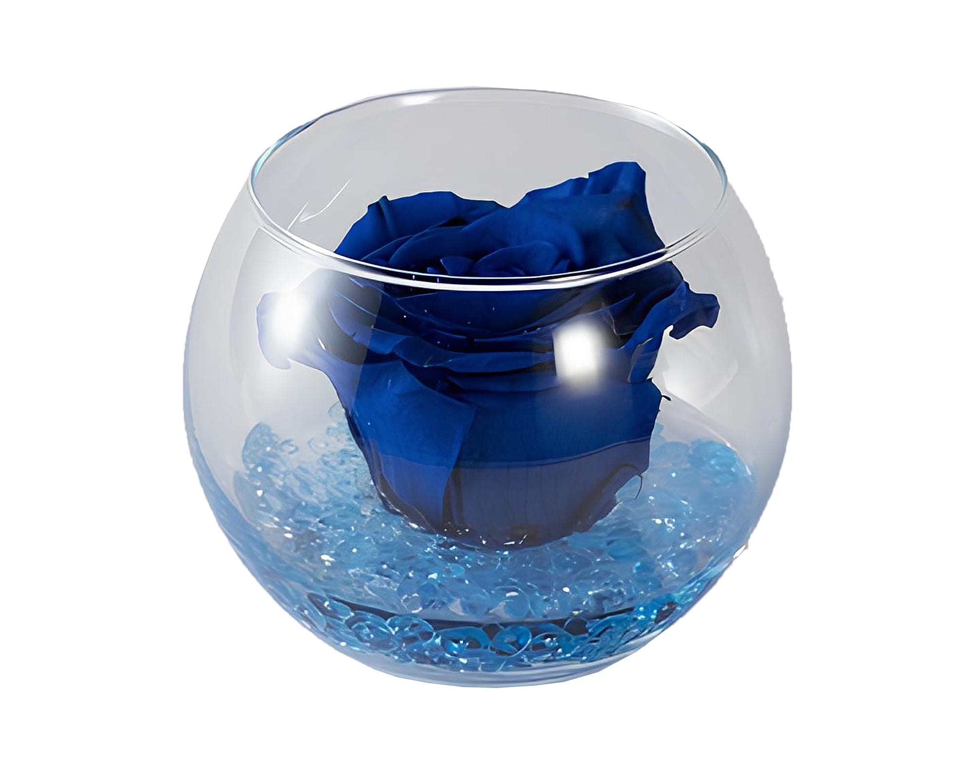 Boccia Rosa Cherie Profumate con Gocce e Packaging Blu D10cm in Vetro