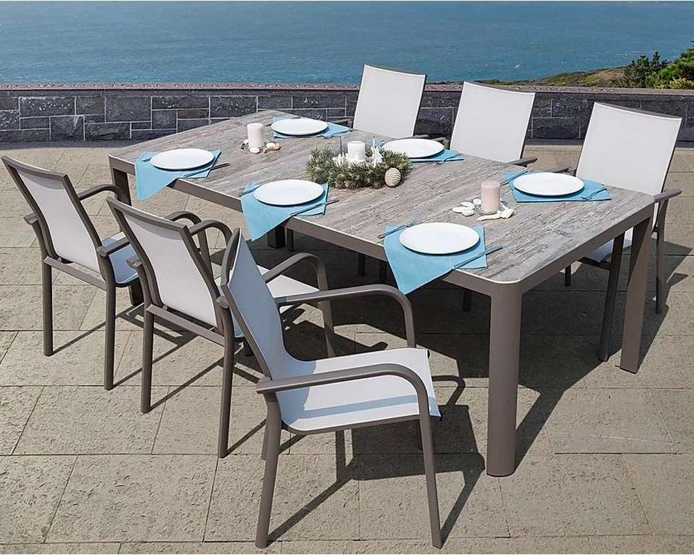 Set Pranzo Tavolo Stone Champagne 220x100 + 4 Poltrone Stone Champagne in Alluminio e Textilene - immagine 8
