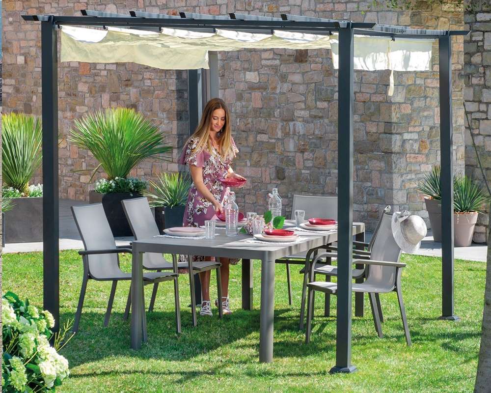 Set Pranzo Tavolo Stone Champagne 220x100 + 4 Poltrone Stone Champagne in Alluminio e Textilene - immagine 7