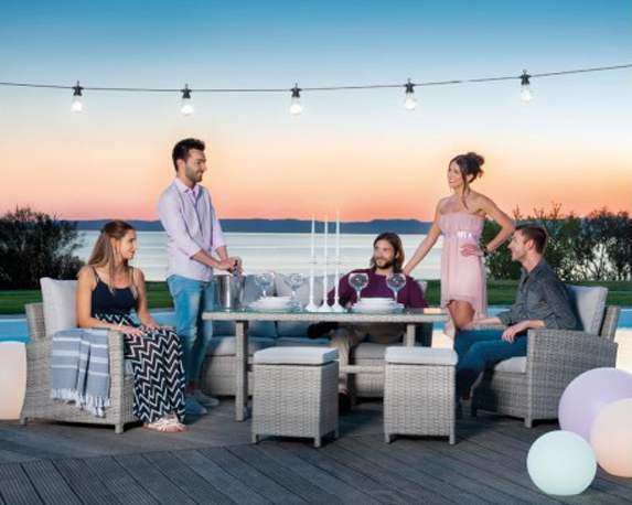 Set 6 Pz Salotto Dining Megan con Cuscini in Alluminio, Fibra Sintetica e Vetro