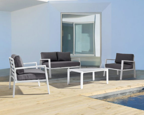 Set 4 Pz Salotto Koral con Cuscini Bianco e Grigio Scuro in Alluminio