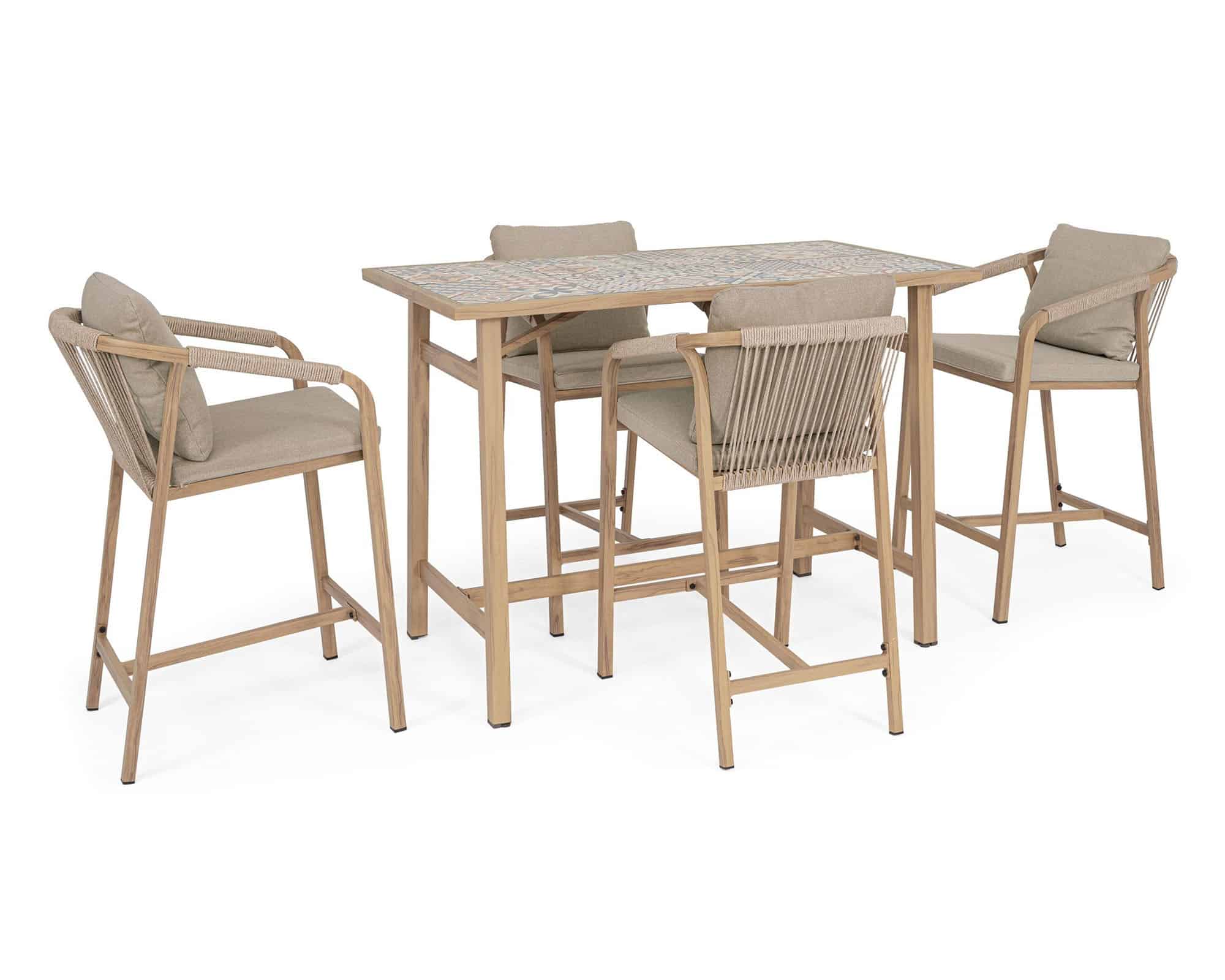 Set Tavolo Bar e 4 Sgabelli Kalimera Desert Piano con Mattonelle Nocciola 140x73x100cm in Alluminio - Bizzotto - immagine 2