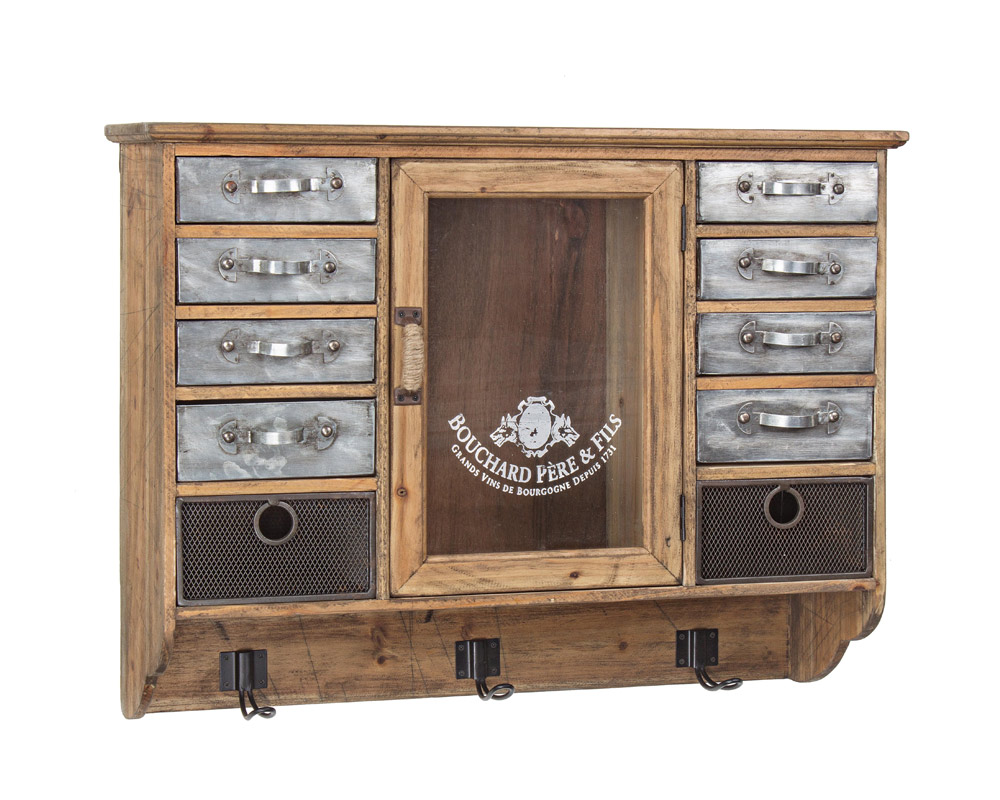 Pensile Officina 10 Cassetti e 1 Anta in Legno, Ferro e Zinco