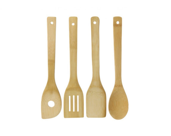 Set 4 utensili da cucina in legno c/contenitore bamboo