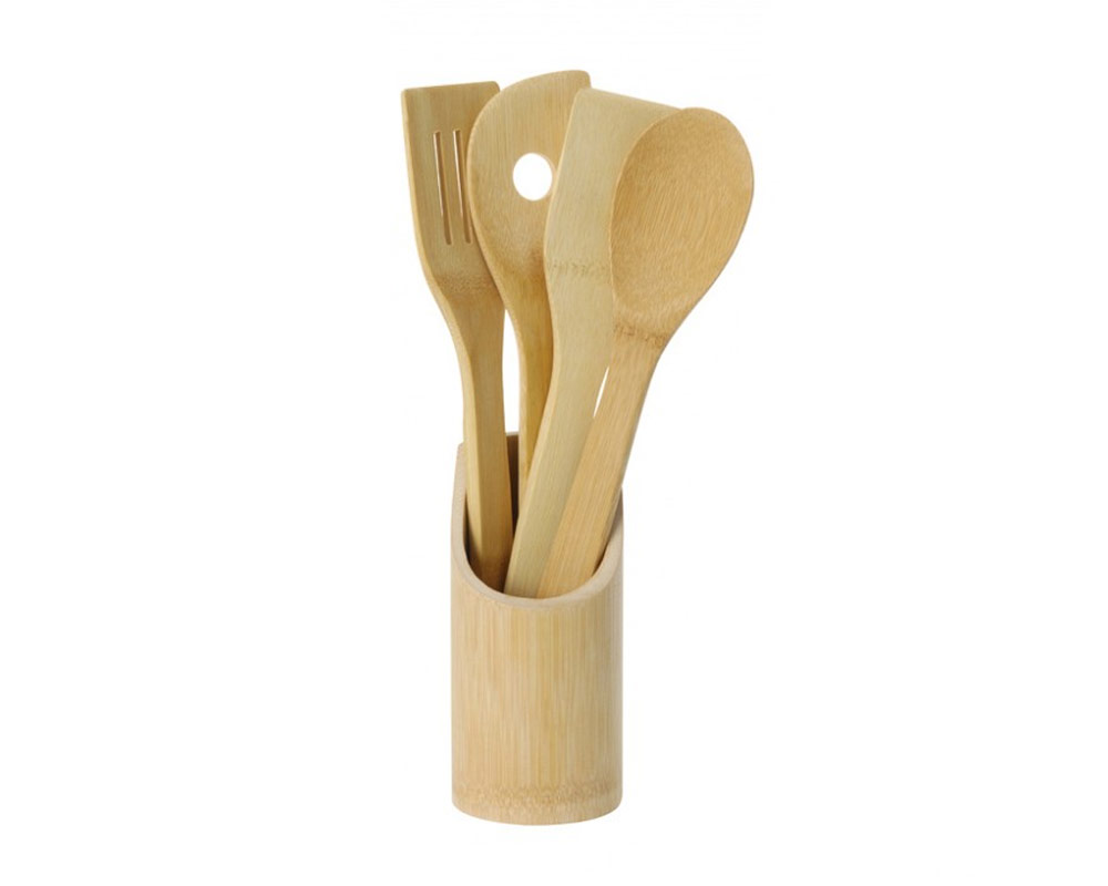 Set 4 utensili da cucina in legno c/contenitore bamboo - immagine 2
