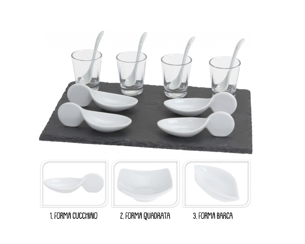 Set 13 Pz Appetizer con Supporto Ardesia Assortito in Ceramina
