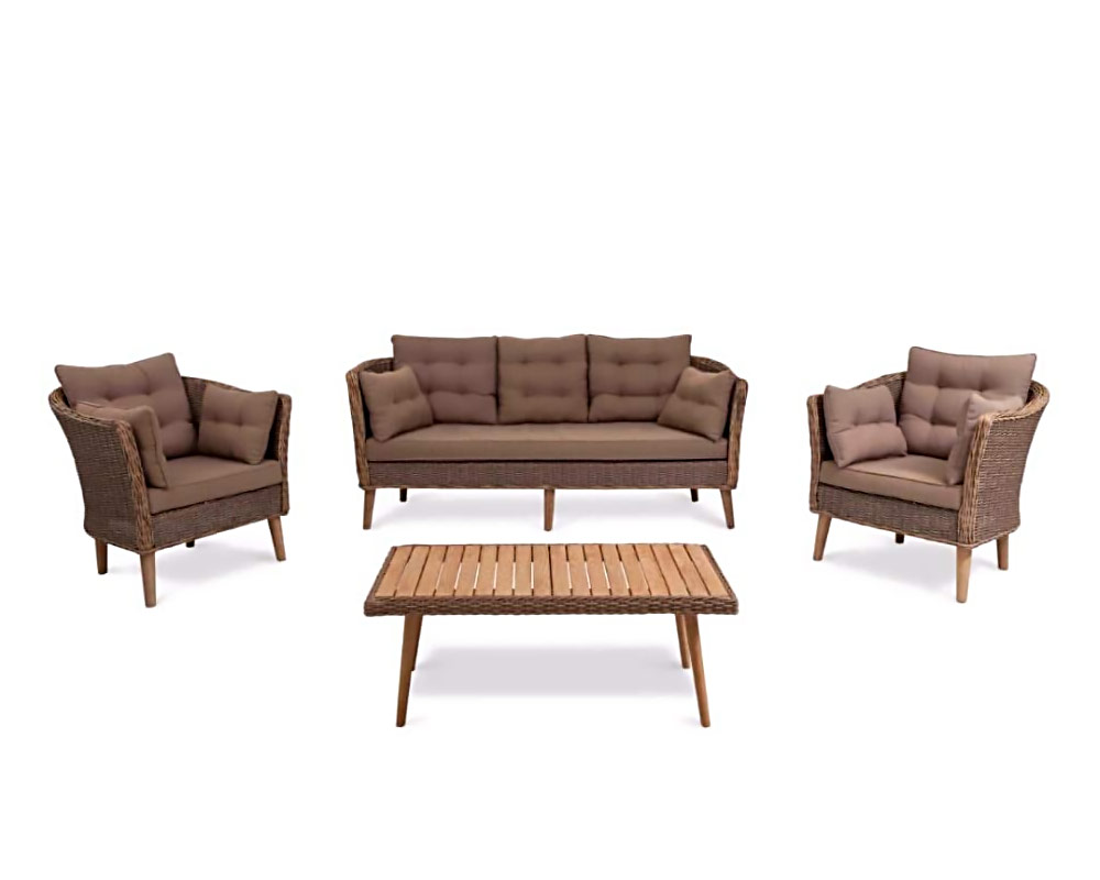 Set 4 Pz Salotto Colombo Taupe Robinia Decapata con Cuscini in Legno e Rattan - immagine 2