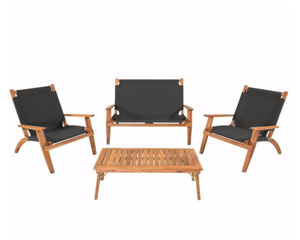 Set 4 Pz Salotto Primavera Pieghevole Nero in Legno di Acacia - immagine 2