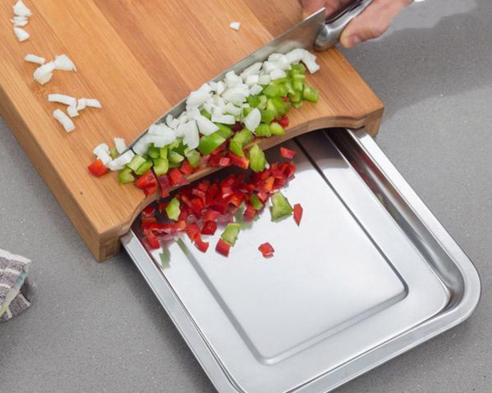 Tagliere con Vassoio a Scomparsa in Bamboo e Acciaio - immagine 4