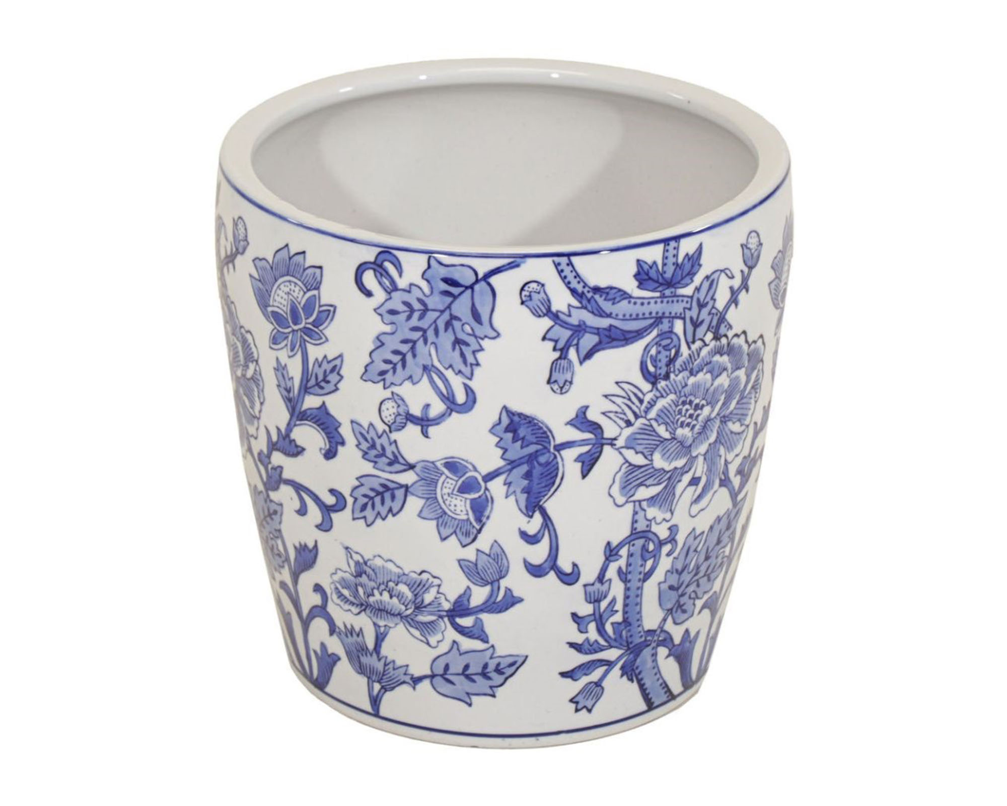 Cachepot Alto Motivo Fiorato M Bianco e Blu D21x19cm in Argilla - Mega Collections