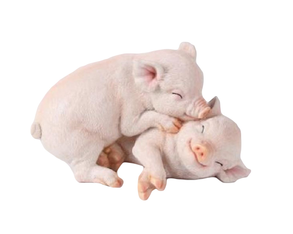 Statuetta Coppia di Maiali Innammorati Sdraiati Rosa in Resina