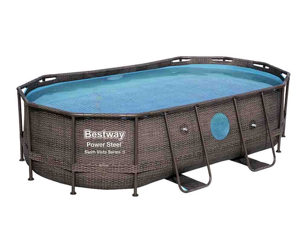 Piscina Ovale Power Steel 427x250cm con Oblò Effetto Rattan in PVC