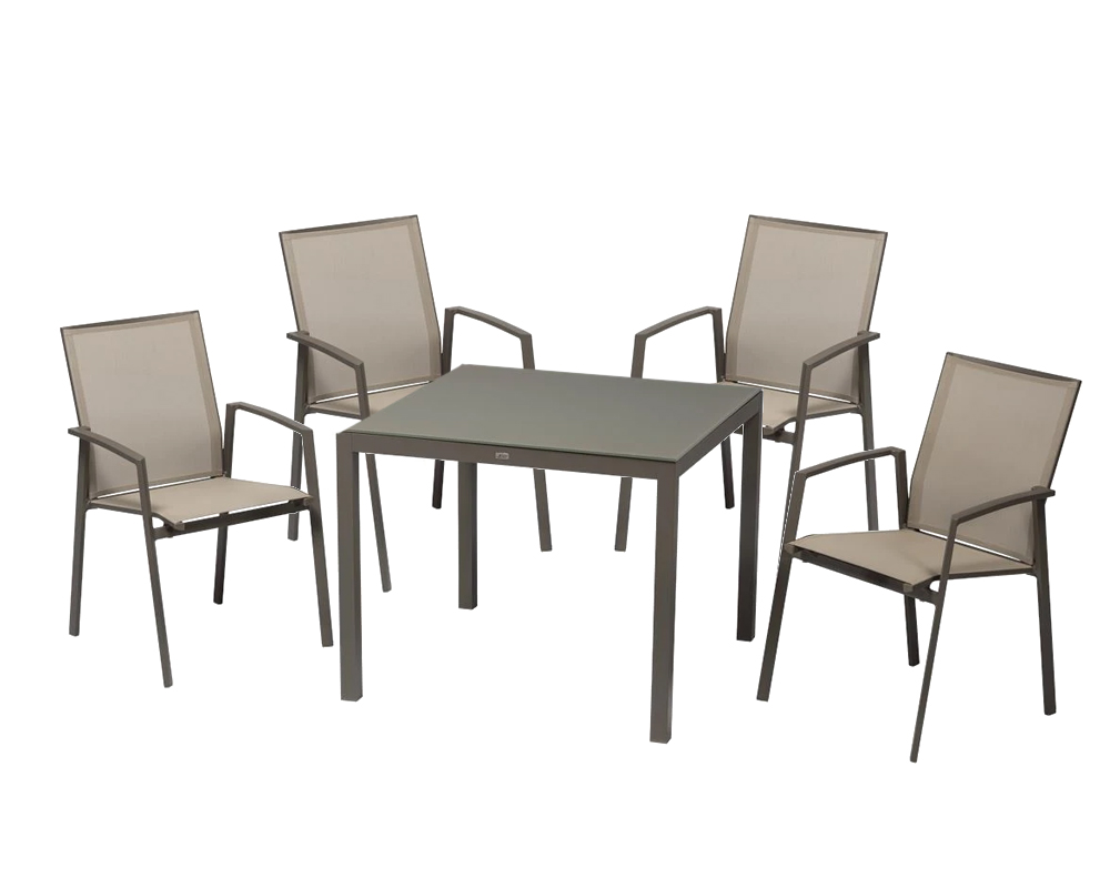 Set Pranzo Tavolo Karol 150x90cm + 4 Poltrone Karol Taupe in Alluminio e Textilene - immagine 2