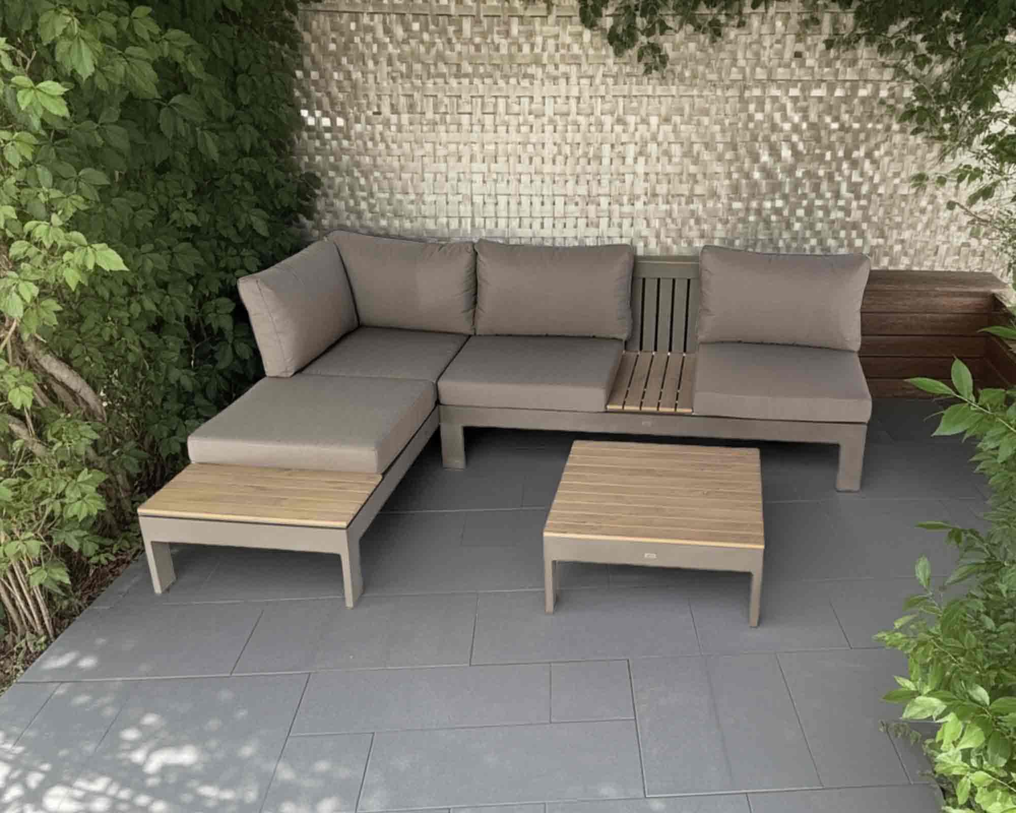 Set 3 Pz Salotto Bellini Taupe Grigio con Cuscini in Alluminio e Polywood