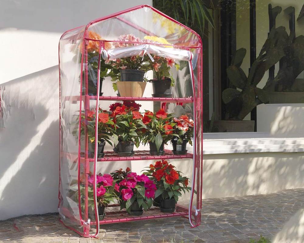 Serra con 3 Piani per Terrazzo Azalea Rosso in Acciaio e Plastica