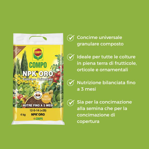 COMPO NPK ORO – Concime Universale Granulare (Sacco 4 kg) grafica info su sfondo bianco