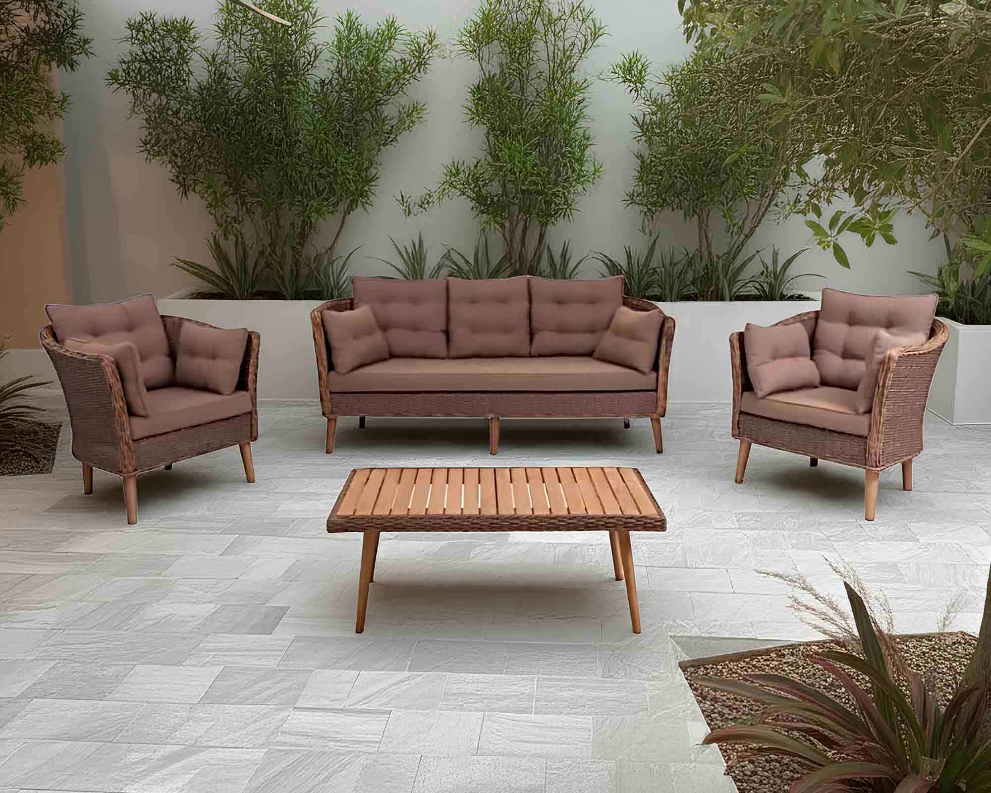 Set 4 Pz Salotto Colombo Taupe Robinia Decapata con Cuscini in Legno e Rattan