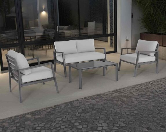 Set 4 Pz Salotto Koral con Cuscini Antracite e Grigio in Alluminio