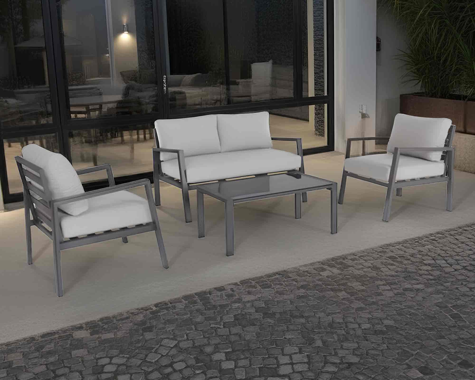 Set 4 Pz Salotto Koral con Cuscini Antracite e Grigio in Alluminio