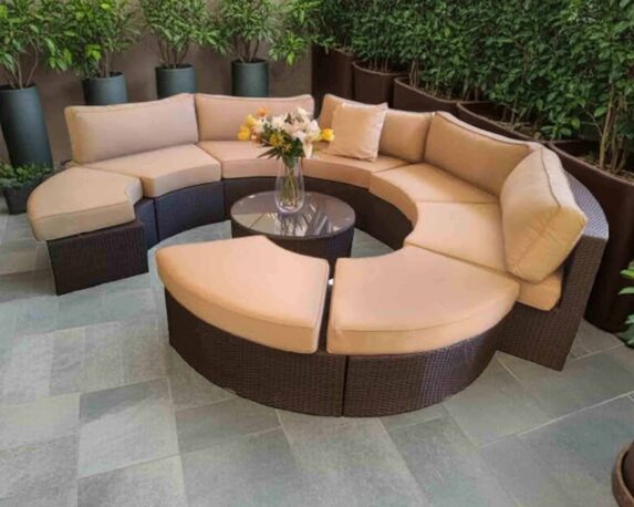 Set 9 Pz Salotto con Cuscini Round in Alluminio, Wicker e Vetro