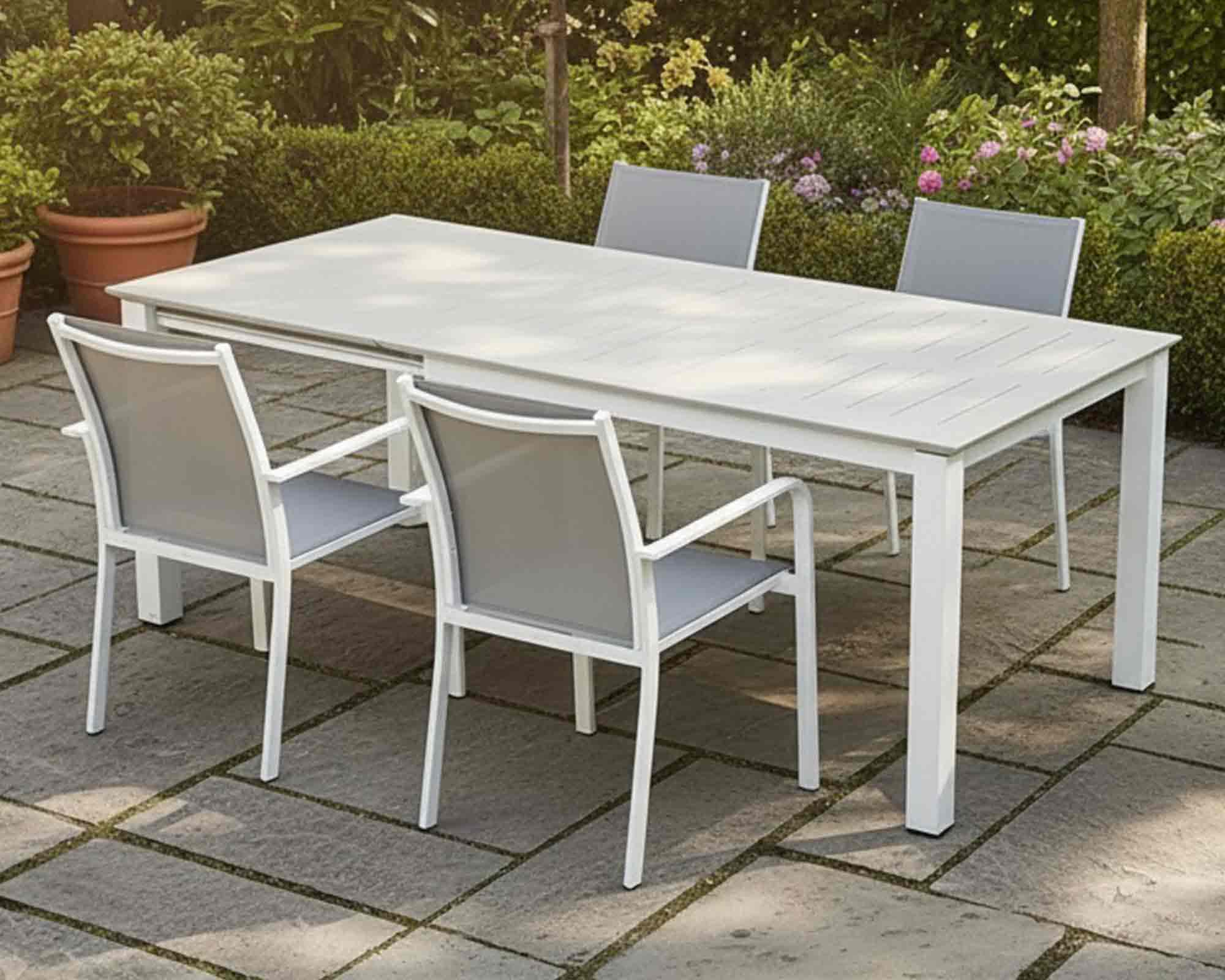 Set Pranzo New Butterfly 200/300x110cm + 4 Poltrone Beige in Alluminio e Textilene