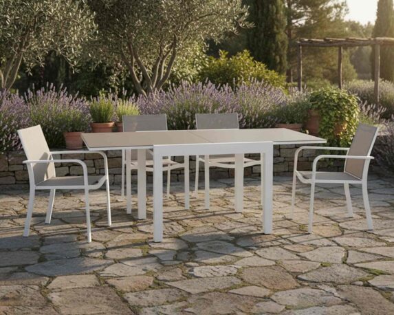 Set Pranzo Nordic 90/180×90 + 4 Poltrone New Croisette Bianco e Champagne in Alluminio, Vetro e Textilene