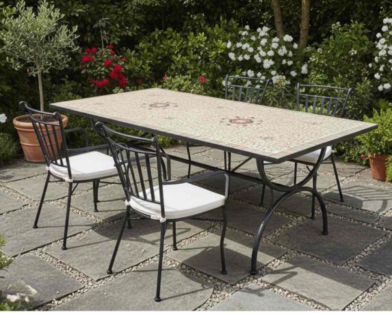 Set Pranzo Tavolo Mosaico 200x100x75 + 4 Poltrona Pisa in Ferro – Levico
