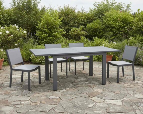Set Pranzo Max 80/160×80 + 4 Poltrone Croisette Grigio in Alluminio e Textilene
