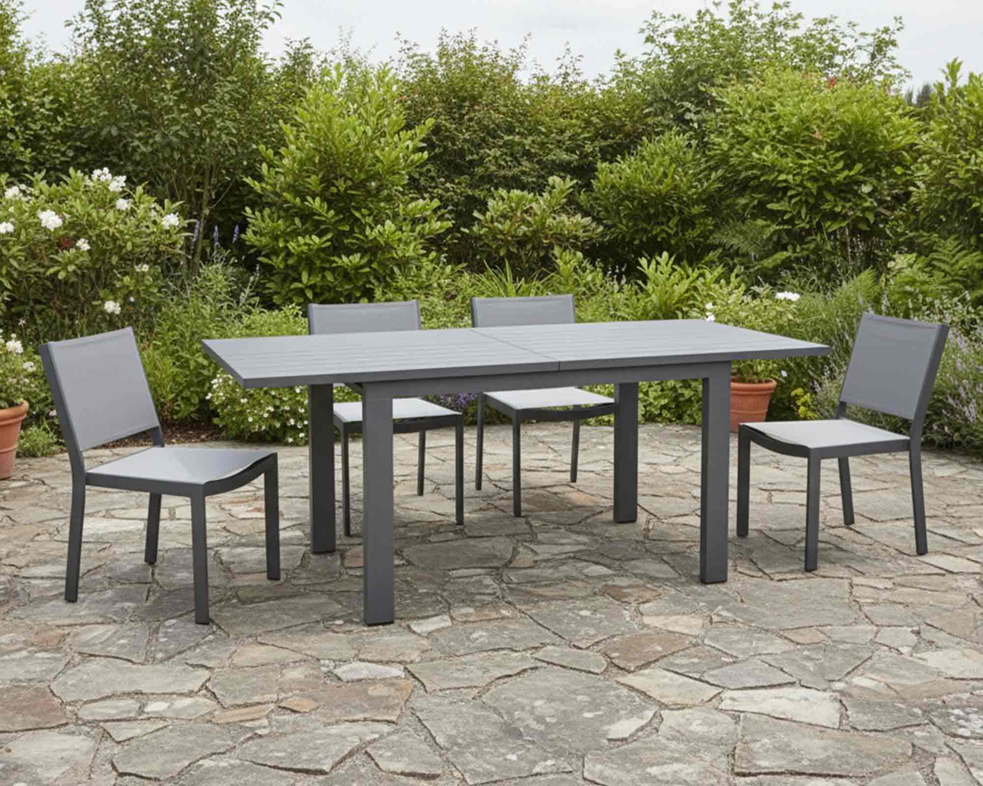 Set Pranzo Max 80/160x80 + 4 Poltrone Croisette Grigio in Alluminio e Textilene