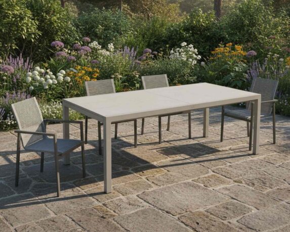 Set Pranzo William 220/340×107 Grigio + 4 Poltrone William Taupe in Alluminio e Corda