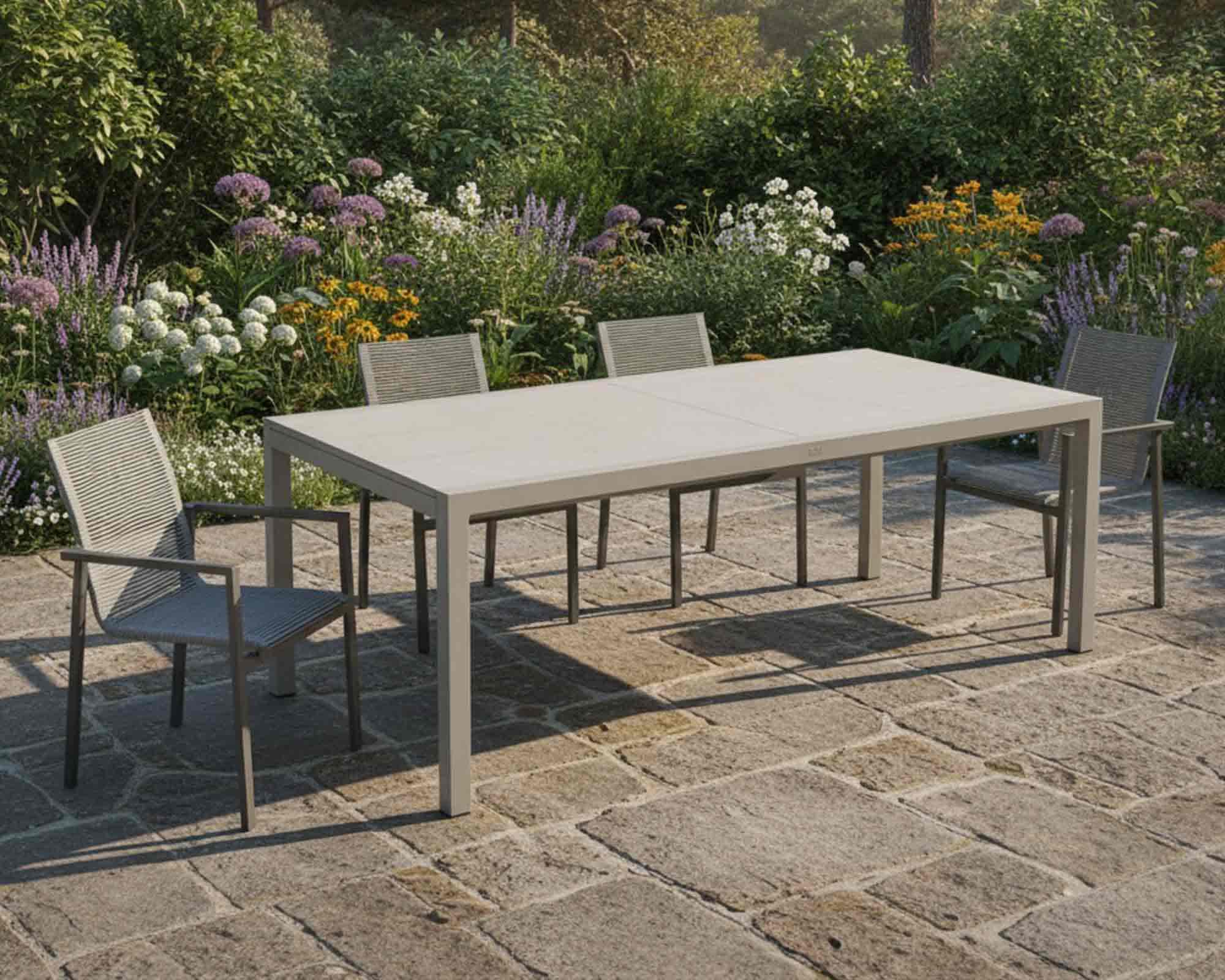 Set Pranzo William 220/340x107 Grigio + 4 Poltrone William Taupe in Alluminio e Corda