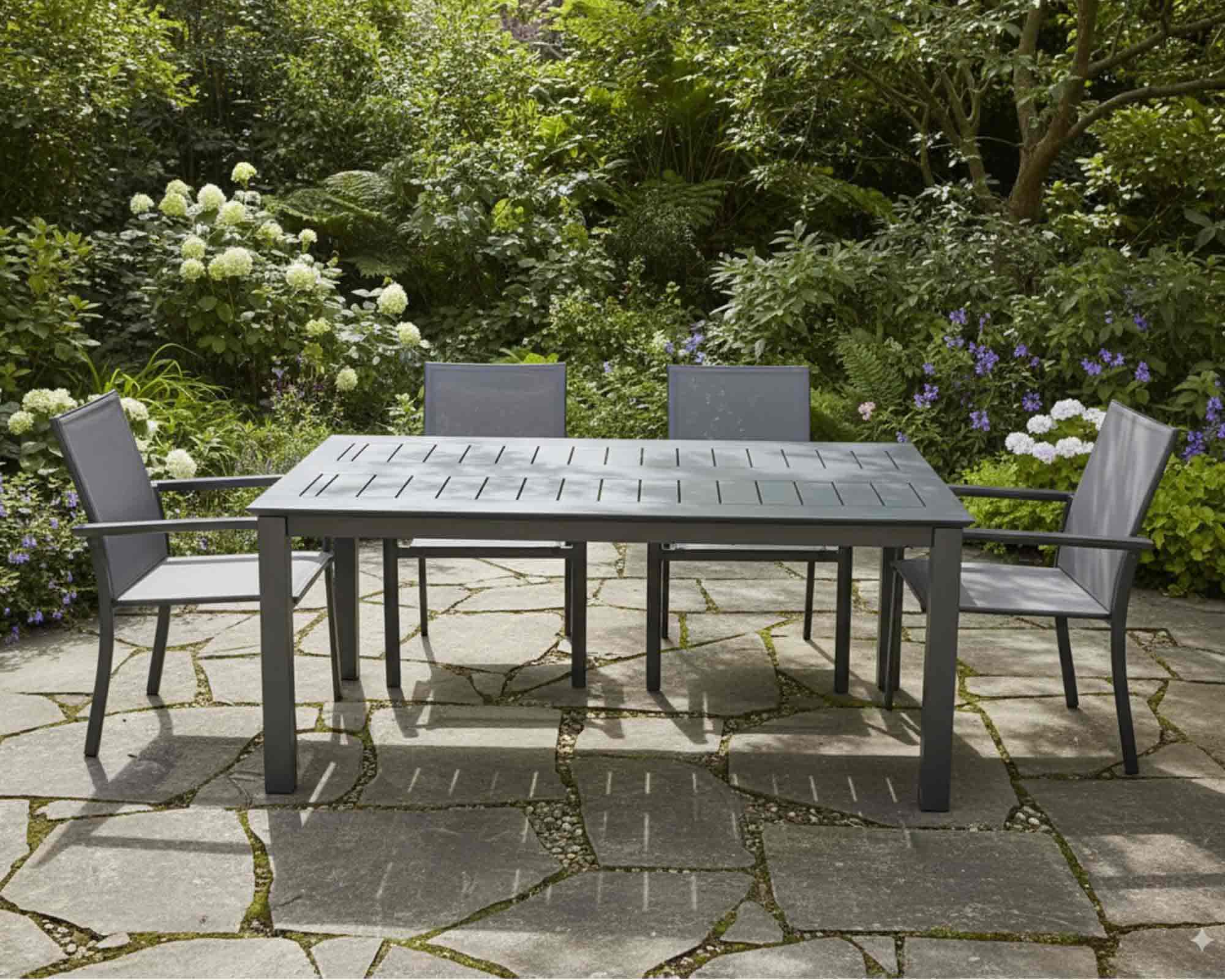 Set Pranzo Konnor Allungabile 160/240x100h + 4 Poltrone in Alluminio e Textilene Antracite - Bizzotto