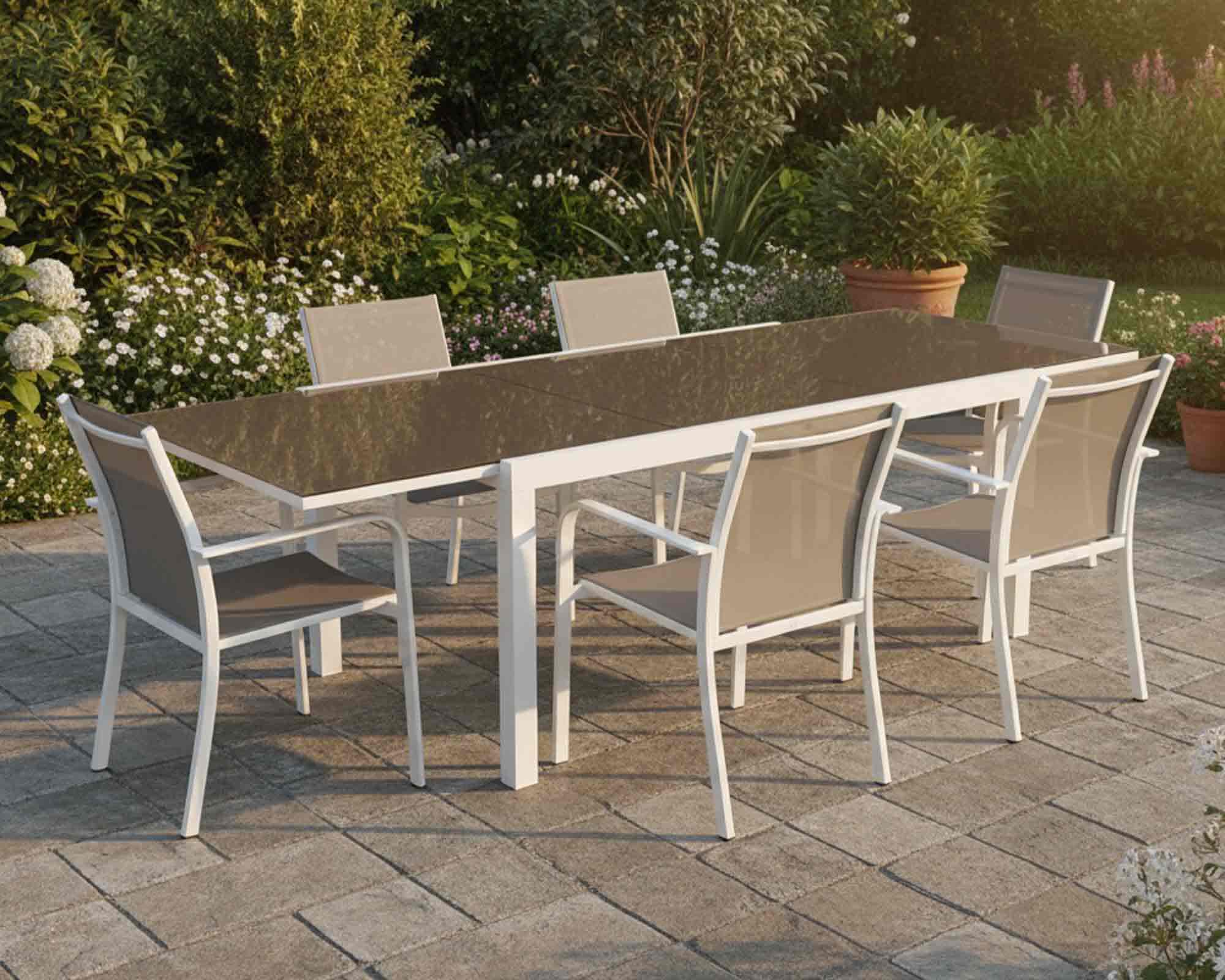 Set Pranzo Tavolo con Vetro Nordic 160/260x100 + 6 Poltrone New Croisette Bianco e Champagne in Alluminio e Textilete