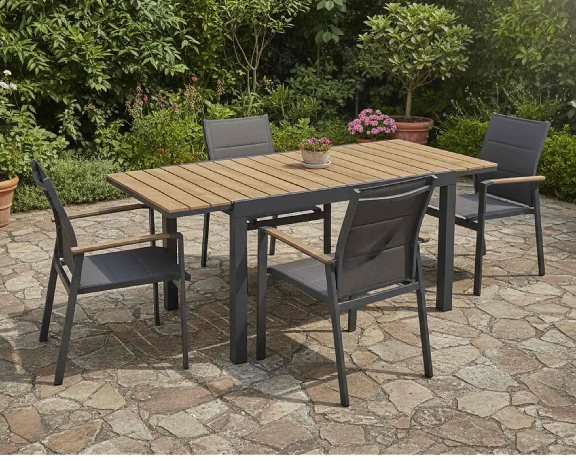 Set Pranzo Tavolo Elias 140/200x75 + 4 Poltrone Kubik Antracite in Alluminio e Textilene - Bizotto