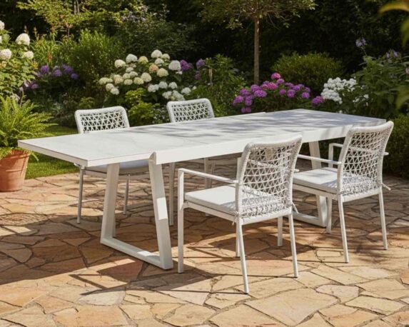 Set Pranzo Tavolo Cuddle 200/300×96 + 4 Poltrone Cuddle Grigio in Alluminio e Textilene