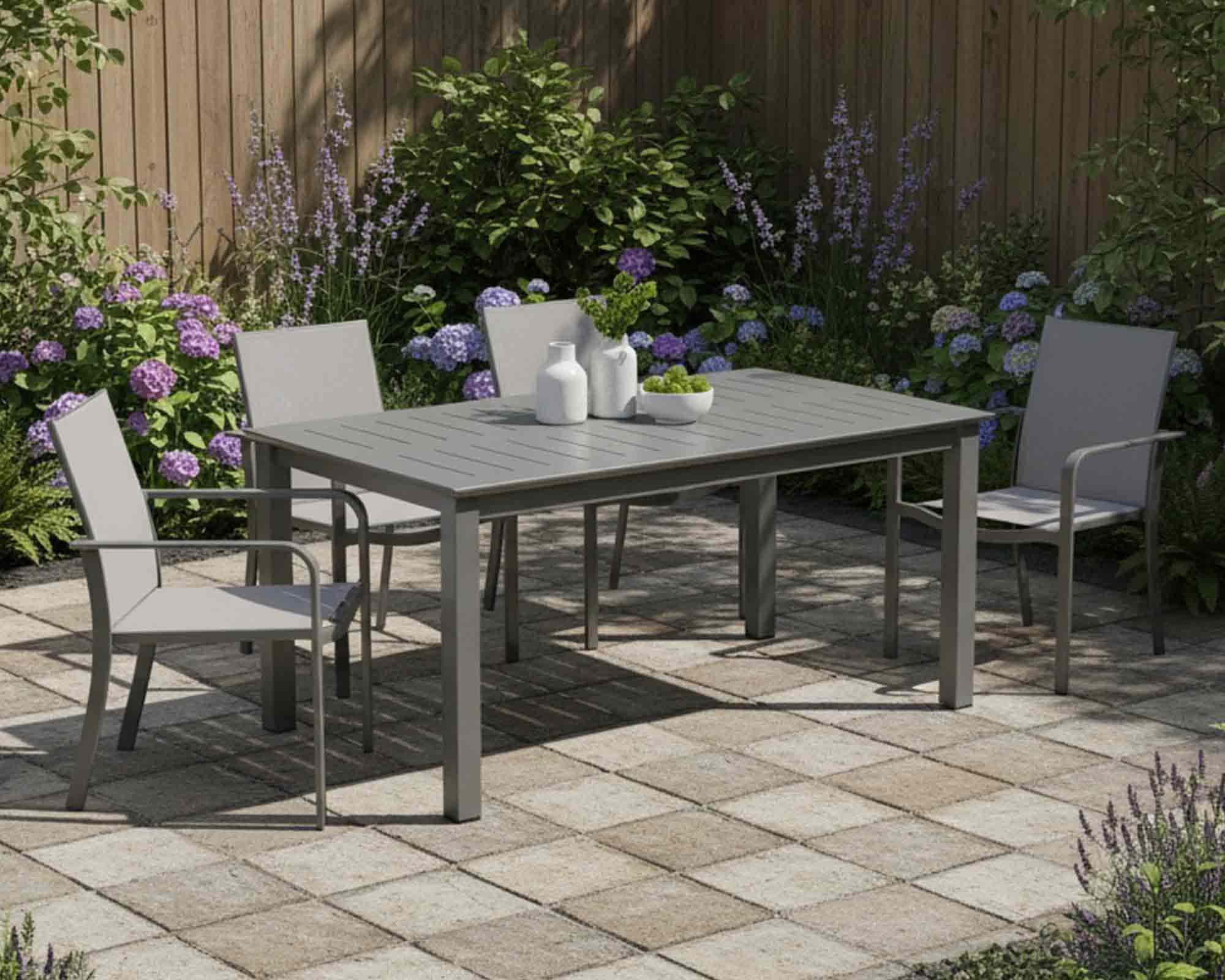 Set Pranzo Tavolo New Butterfly 160/240x100cm + 4 Poltrone New Croisette Taupe in Alluminio e Textilene