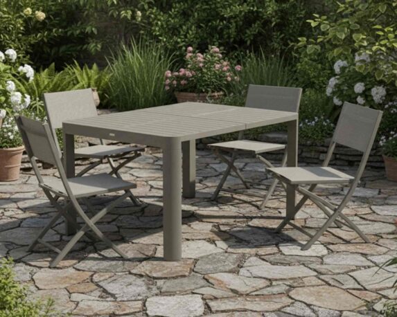 Set Pranzo Tavolo Tommy 104/156×80 + 4 Sedia Shelly Taupe in Alluminio e Textilene