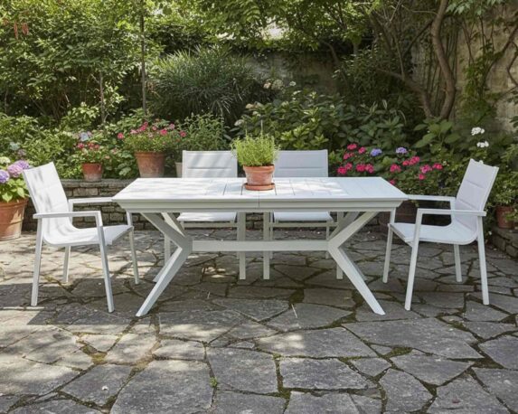 Set Pranzo Tavolo Allungabile 180/240x100cm + 4 Poltrone Bianco in Alluminio e Textilene