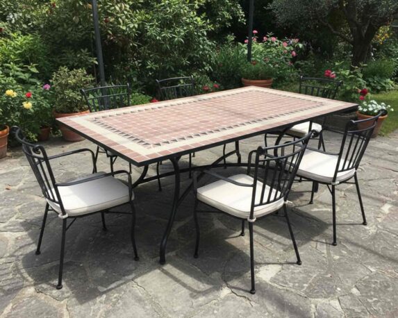 Set Pranzo Tavolo Mosaico 160x90x75 + 4 Poltrona Pisa in Ferro e Cemento – Levico