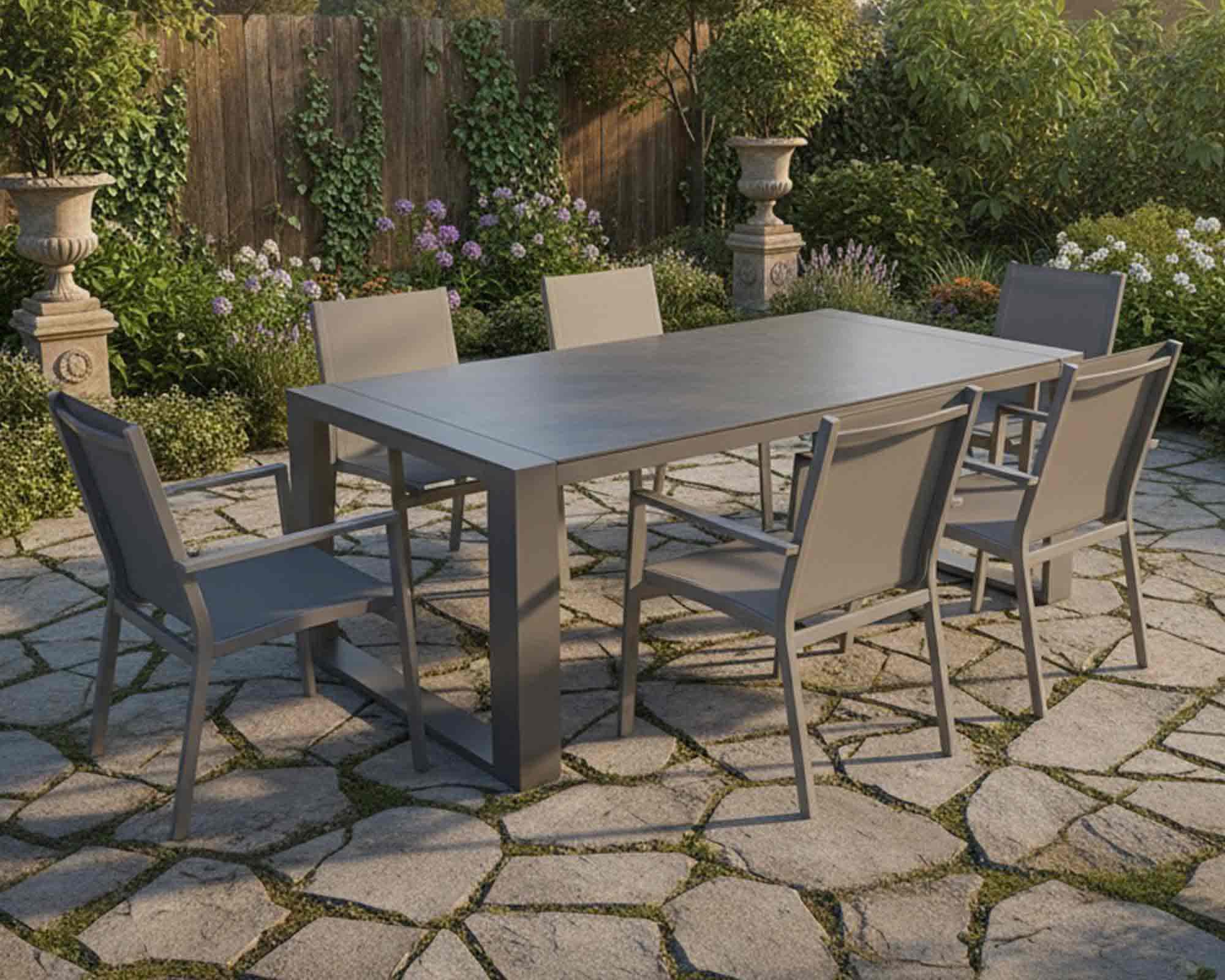 Set Pranzo Square 210x90 + 4 Poltrone Square Taupe in Alluminio e Textilene