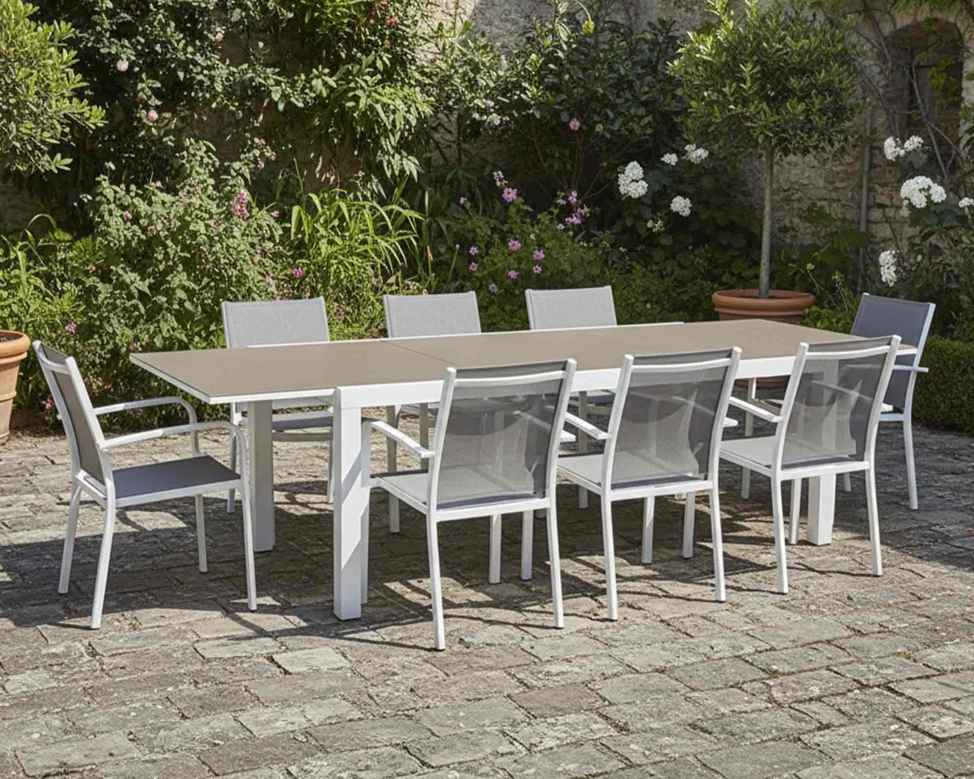 Set Pranzo Nordic 200/320x100h + 8 Poltrone New Croisette Bianco e Champagne in Alluminio, Vetro e Textilene