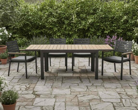 Set Pranzo Tavolo Allungabile Belmar 160–240×100 Antracite + 4 Sedie con Braccioli Antracite in Alluminio e Poliestere – Bizzotto