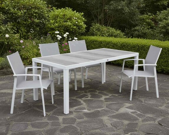 Set Pranzo Lory 185×95 + 4 Poltrone Spring in Alluminio e Textilene
