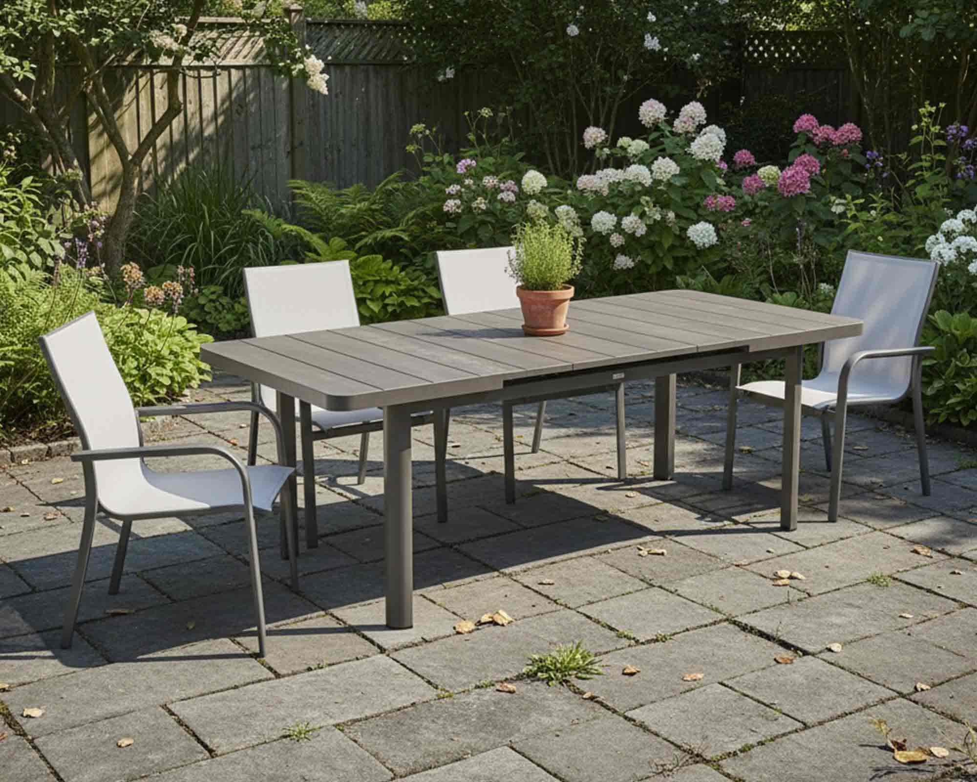 Set Pranzo Tavolo Stone Champagne 220x100 + 4 Poltrone Stone Champagne in Alluminio e Textilene