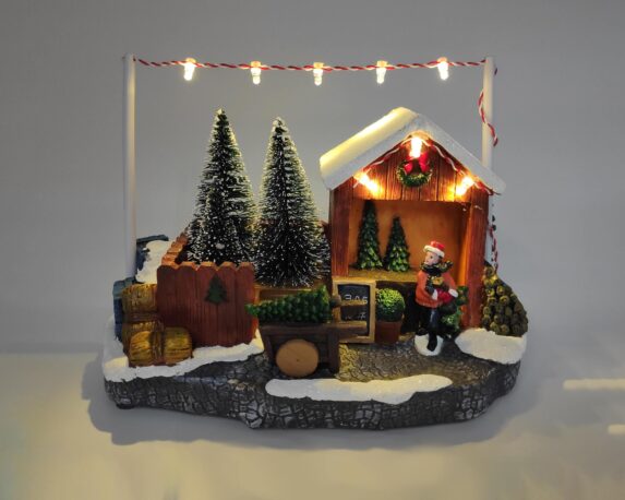 Villaggio nordico con Negozio di alberi con musica e led