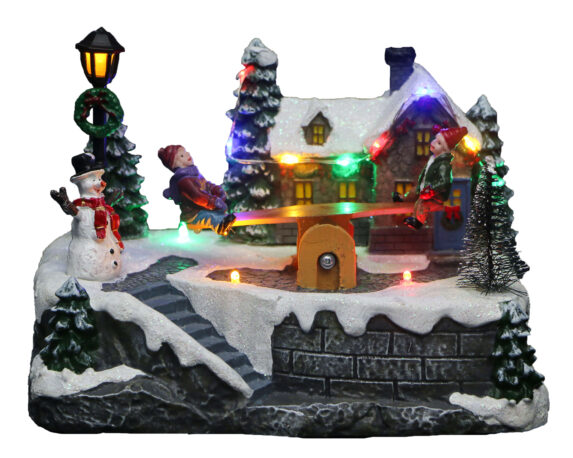 Villaggio nordico in movimento con altalena, musica e led