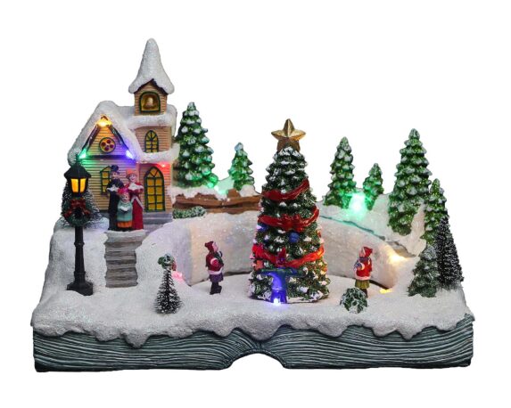 Villaggio nordico in movimento con chiesa, musica e led