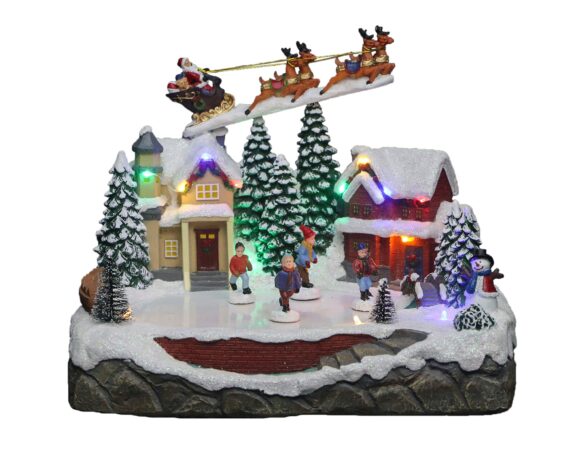 Villaggio nordico in movimento con Babbo natale, pattinatori, musica e led
