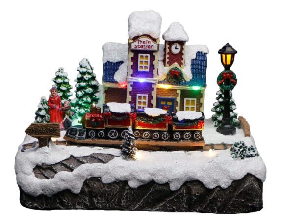 Villaggio stazionale in movimento con treno, musica e led