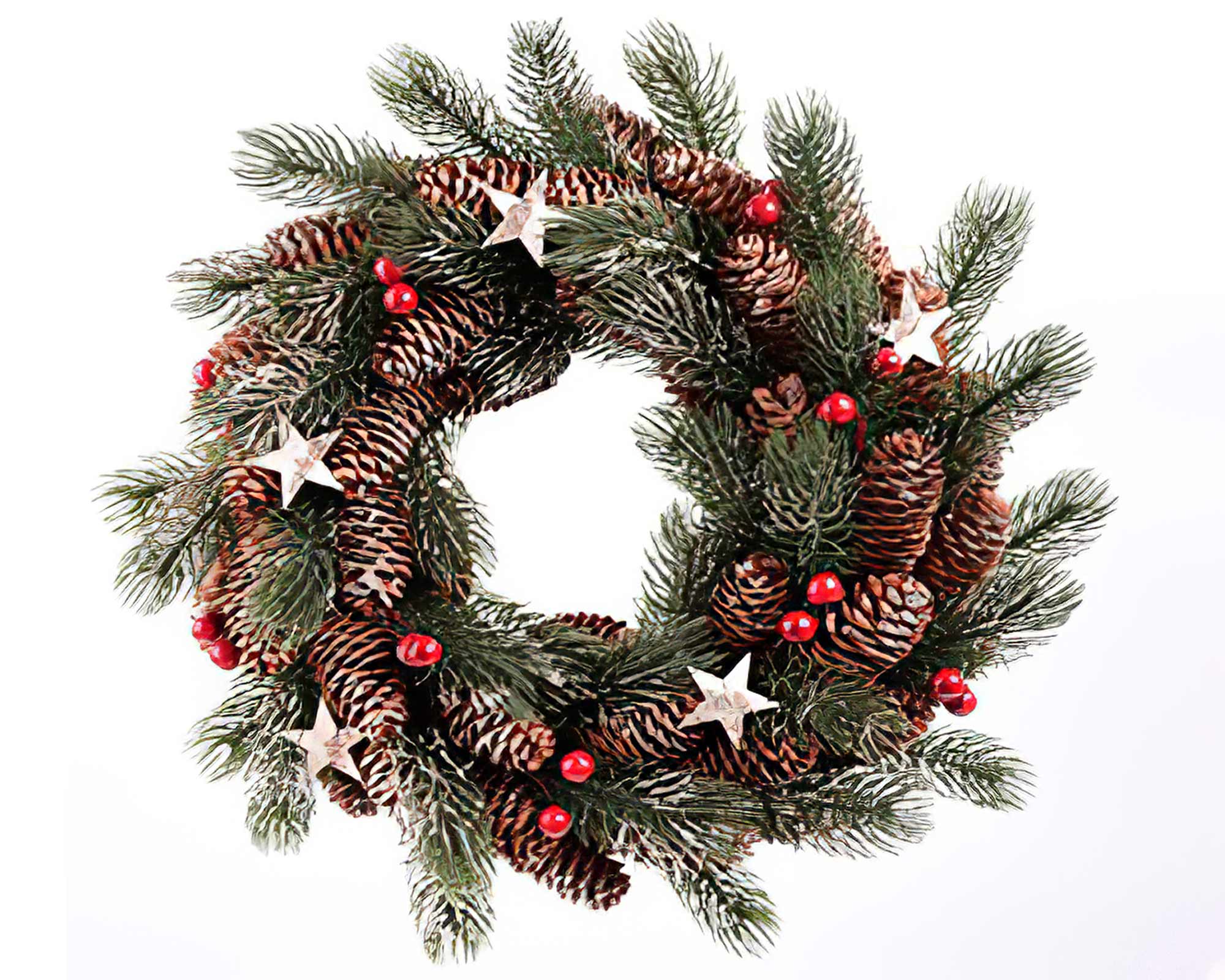 Ghirlanda natalizia con stelle dorate, pigne, sfere e foglie di pino